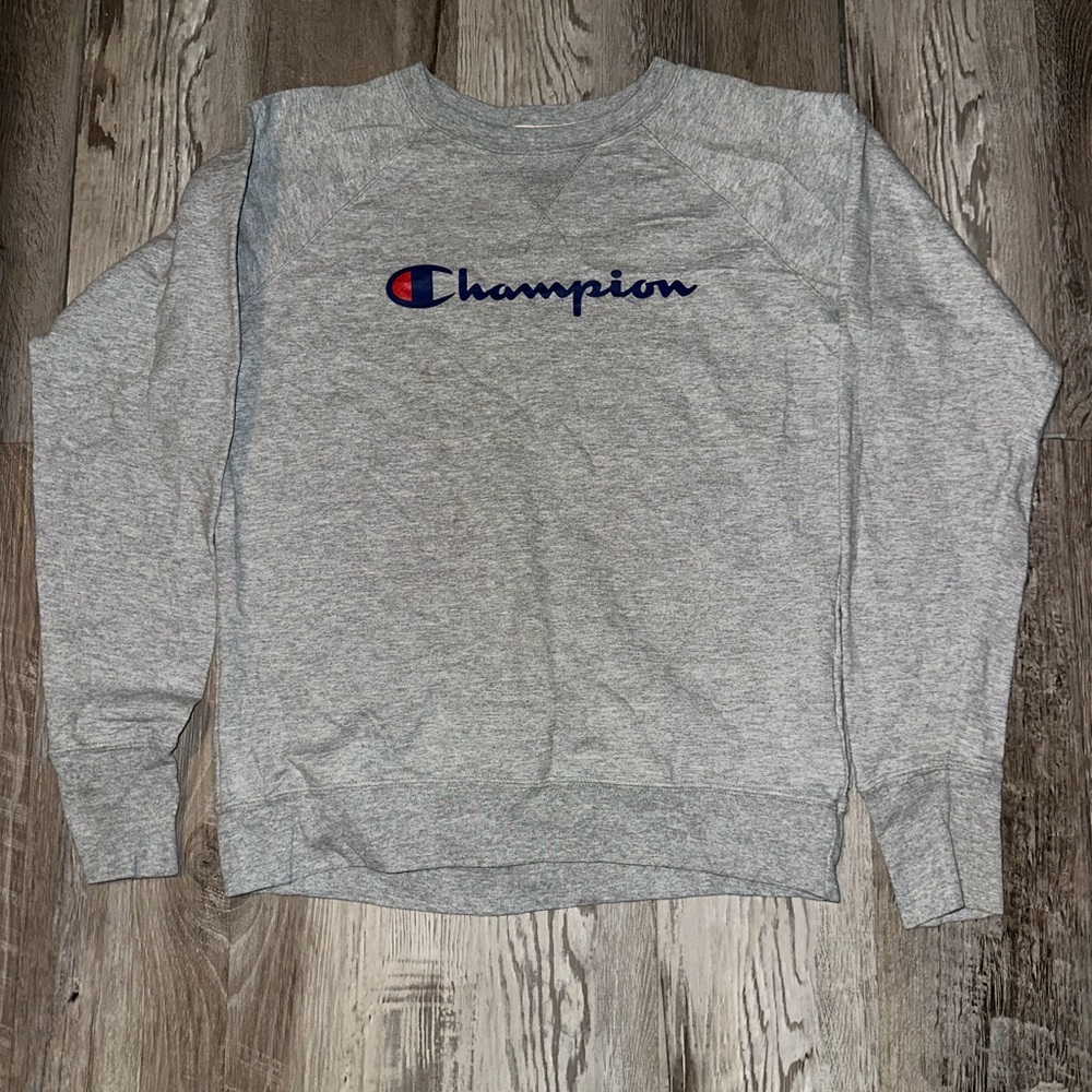 Vintage Champion Gray Crewneck Sweatshirt with Navy Script Logo